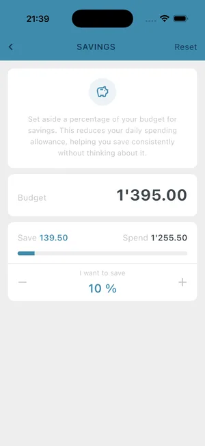 BUDGT app savings mode showing goal progress and daily savings target (1 of 1)