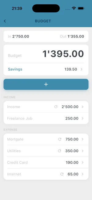 BUDGT budget setup screen showing income and expense entry