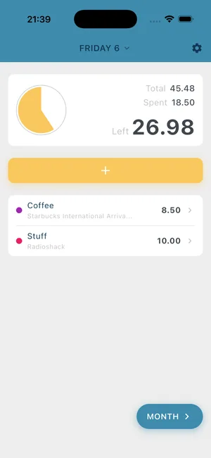 BUDGT daily view showing spending limit in yellow
