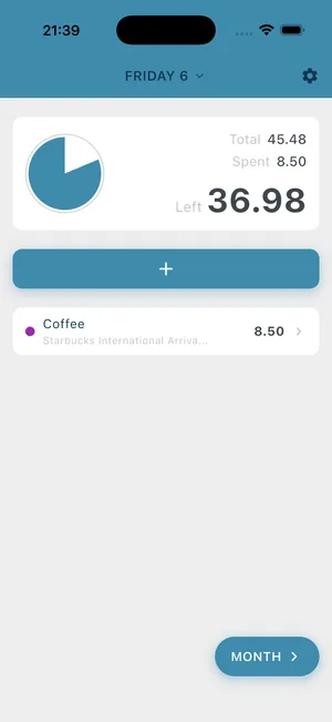 BUDGT app showing full daily budget available - blue indicates safe to spend